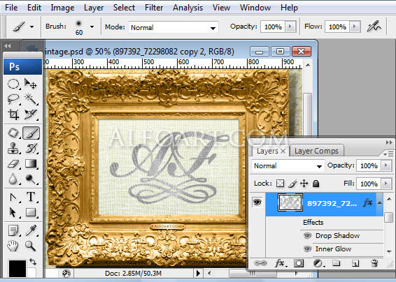 Vintage style monogram in the antique golden frame. Gold, tevture, wallpaper, vintage style, classic monogram.